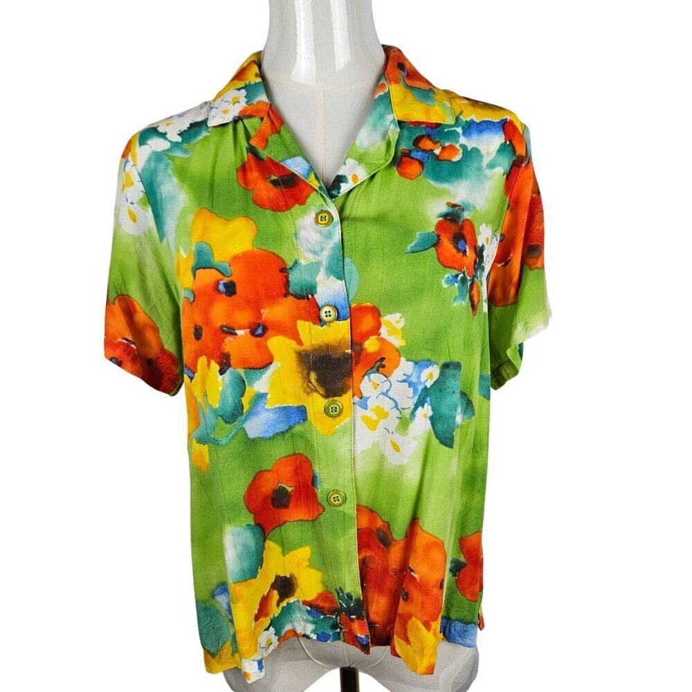 Jams World Small Floral Tropical Button Shirt Green Effervescent Print Short Slv